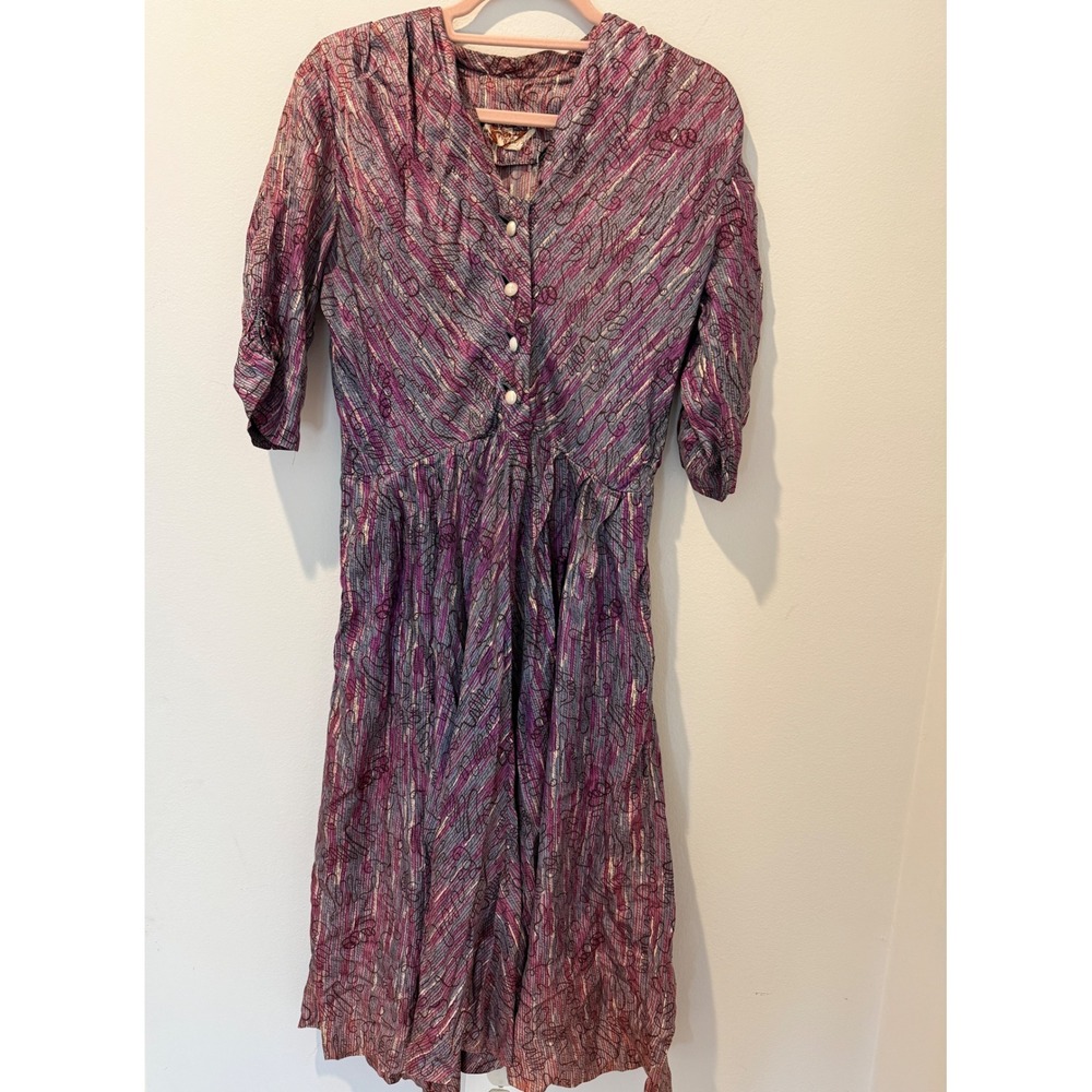 Vintage 1950s Leslie Fay Purple Abstract Metallic Print Midi Dress